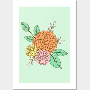 Wild colorful flowers botanical design in green, orange, pink and yellow Posters and Art